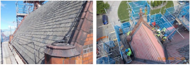 Work on the Tate Hall Roof, August 2022. Left – original tiles in place, right – tiles stripped and new felt and slates are being attached.