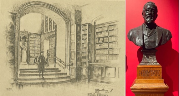 Left - Sketch of the original entrance to the Tate Library by Ernest Coffin, circa 1920. Right – the bust of Sir Henry Tate.
