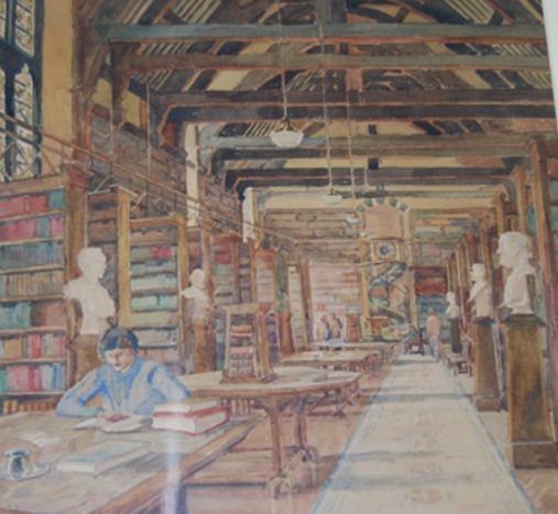 A painting of the Tate Library by Ethel Harker showing the spiral staircase leading up to the upper gallery, circa 1915.