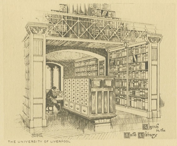 1920 sketch by Ernest Coffin showing the alcoves at the side of the library with overflowing shelves and large pieces of oak furniture