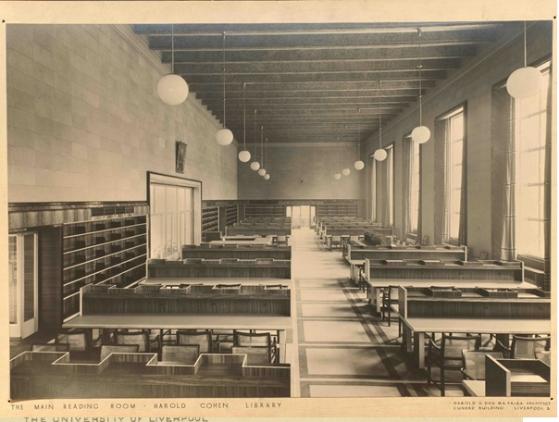 Interior of the Harold Cohen Library and main reading room circa 1938.