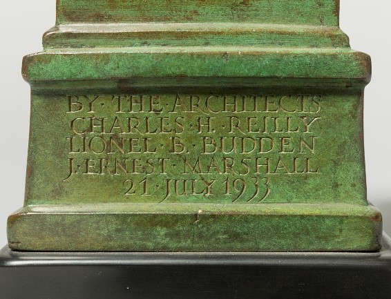 Lettering in plinth of sculpture: BY THE ARCHITECTS CHARLES H. REILLY, LIONEL B. BUDDEN, J. ERNEST MARSHALL. 21 JULY 1933