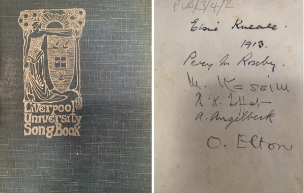 PUB/3/4/2 from the University of Liverpool’s Special Collections and Archives shows one of the 1913 versions of the Student Song Books that belonged to Elsie Kneale with her signature at the top of the opening page.