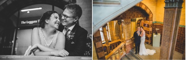 Alex & Lauren pose on the balcony rail and staircase, following in the footsteps of other couples who met in the Victoria Building over 100 years ago.