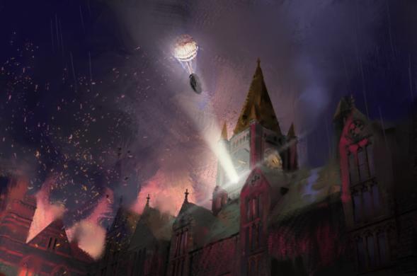 Full illustration from Michael White showing the Victoria Building with a parachute bomb drifting past the tower