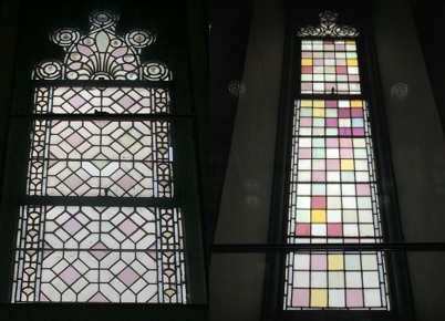 Photograph - Window examples from the south side of the Victoria Building showing what the colours and patterns of the other side of the building may have resembled before the war.