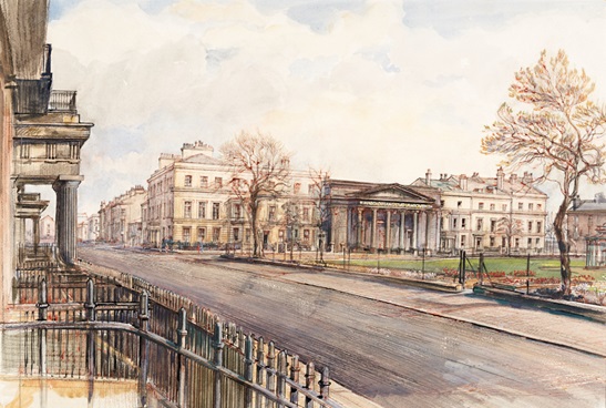 Image - This watercolour painting of Abercromby Square and St Catherine’s Church is by Allan Peel Tankard in 1952. Number 18 is depicted on the left of the church, two doors down.
