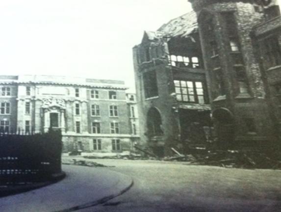 Photograph - The damage to the Harrison Hughes and Ashton buildings in the quadrangle, March 1941. The Victoria Building is situated just behind and blocked from view.