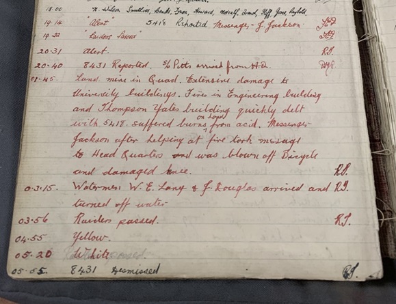 Photograph - Firewatchers logbook from 12-13th March 1941, University of Liverpool Special Collections and Archives.