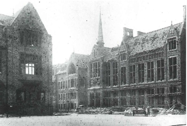 Photograph - The corner of the Harrison Hughes building (left) opposite the Whelan Building and Thompson Yates Laboratory after the blast in March 1941.