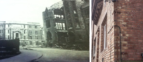 Bomb damage to Harrison Hughes Building (left) and difference in brickwork after rebuilding (right)