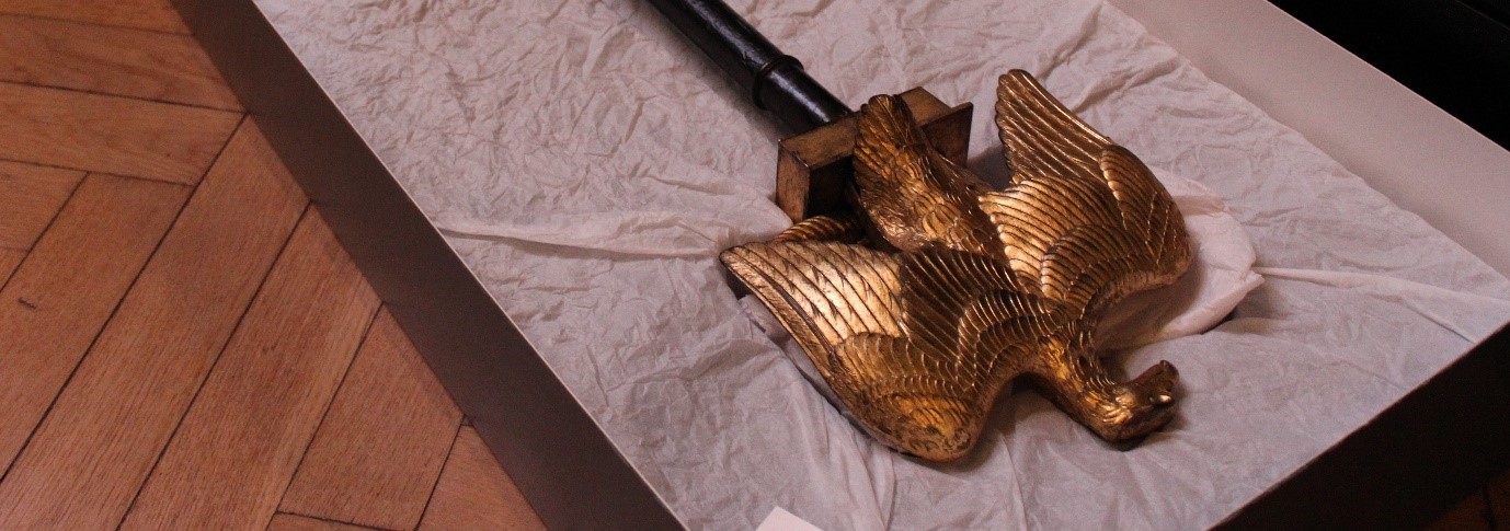 The Eagle Standard of Napoleon’s 105th Regiment being unpacked at the Victoria Gallery & Museum