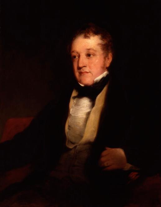 This is a three-quarter portrait of William Huskisson who sits in a chair turning towards his right. His left hand rests on the chair arm showing wedding ring. His black jacket is open revealing a buff-coloured waistcoat and a white ruffled shirt with a high wing collar. His neckerchief is black. His expression is amiable although he does not smile, and his short hair is swept forward towards his 