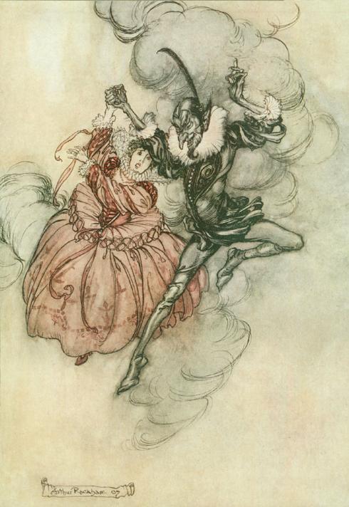 A couple wearing dress from the early 1700s. She is in pink silk with a white ruff collar and looks distressed. A devilish-looking man in black holds her hand up and seems to be jumping.