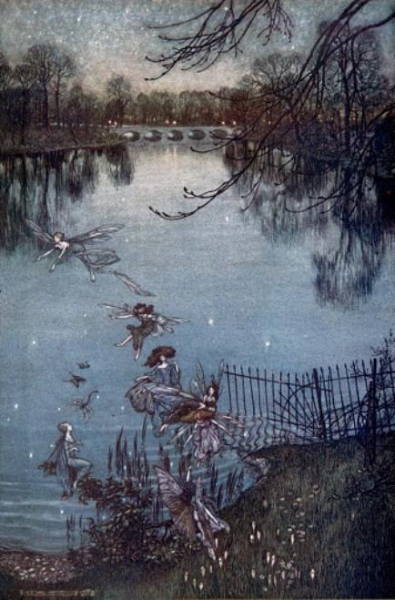 Seven fairies fly towards the bottom of the picture where there are railings. In the background is a lake surrounded by trees with a bridge across it. 