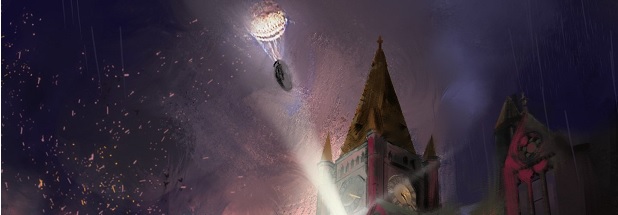 Illustration by Michael White showing parachute Bomb and the Victoria Building, 2022