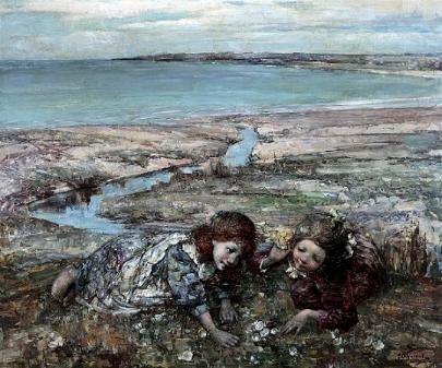 Two Girls on a Beach, 1912 By Edward Atkinson Hornel (1864 - 1933) 