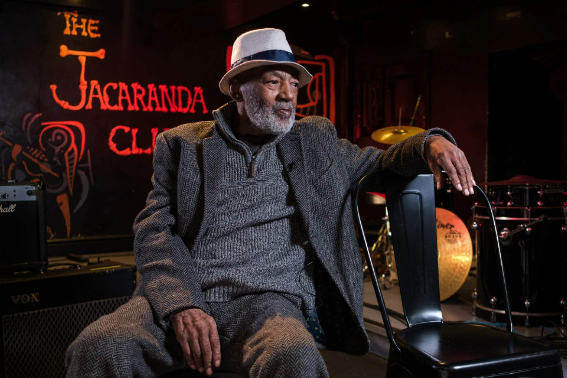 At The Jacaranda. Joe Ankrah. Founding member of The Chants for whom the Beatles acted as backing band, and mentor to many L8 musicians. Photo: Ean Flanders, 2025