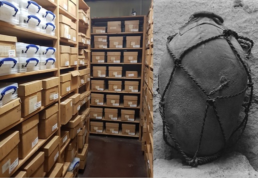 Left - one of the Garstang Museum Stores, Right - Beni Hassan JG-B-356 photograph of pottery vessel with rope netting