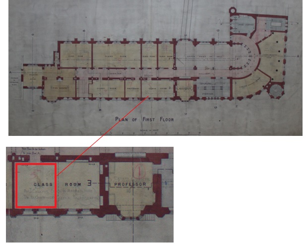 Plan of the first floor of the VG&M from the 1880s showing how the room has been adapted for the gallery since that time.