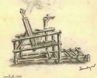 Bamboo dental chair made at Chungkai Hospital camp Thailand, sketched by Lieutenant F. Ransome-Smith, © courtesy C. Ransome and Museum of Military Medicine