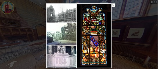 360 building tour screenshot showing the Stained Glass Window, ground floor